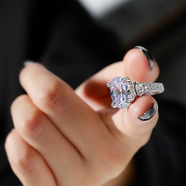 Oval Cut Engagement Ring in Rhodium-Plated Sterling Silver with 5.81 CT Center Stone