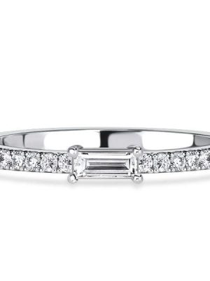 East West White Sapphire Baguette Cut Half Eternity Band in Rhodium Plated Sterling Silver