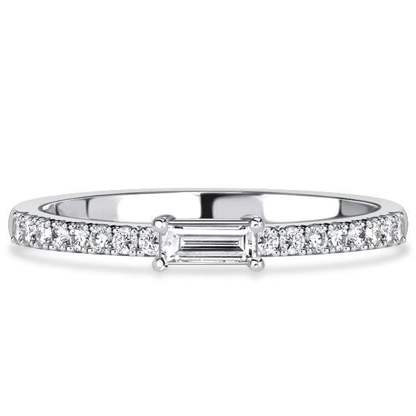 East West White Sapphire Baguette Cut Half Eternity Band in Rhodium Plated Sterling Silver