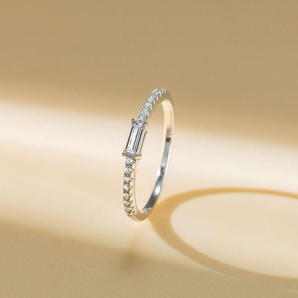 East West White Sapphire Baguette Cut Half Eternity Band in Rhodium Plated Sterling Silver