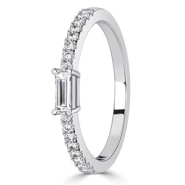 East West White Sapphire Baguette Cut Half Eternity Band in Rhodium Plated Sterling Silver