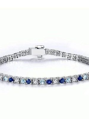 Round Cut Blue Sapphire Tennis Bracelet for Women in Rhodium Plated 925 Sterling Silver
