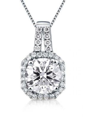 Cushion Halo Pendant Necklace - 1.0 Carat Simulated Diamond - 925 Sterling Silver