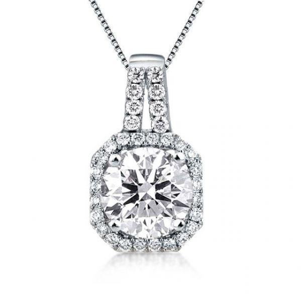 Cushion Halo Pendant Necklace - 1.0 Carat Simulated Diamond - 925 Sterling Silver