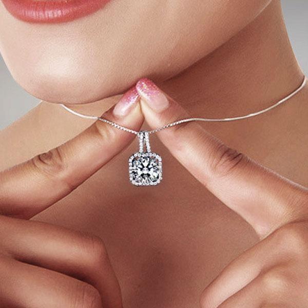 Cushion Halo Pendant Necklace - 1.0 Carat Simulated Diamond - 925 Sterling Silver