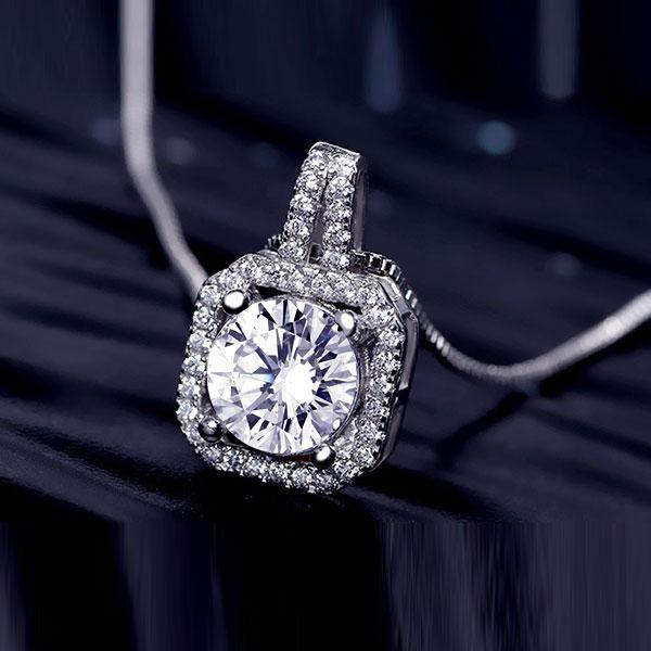 Cushion Halo Pendant Necklace - 1.0 Carat Simulated Diamond - 925 Sterling Silver