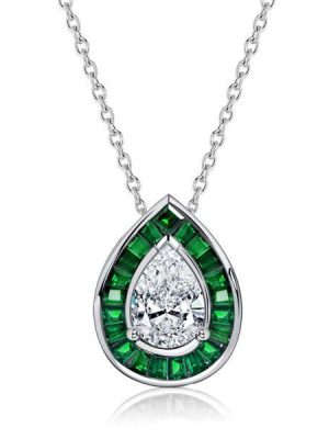 Pear Cut Emerald Sapphire Halo Pendant Necklace - Sterling Silver