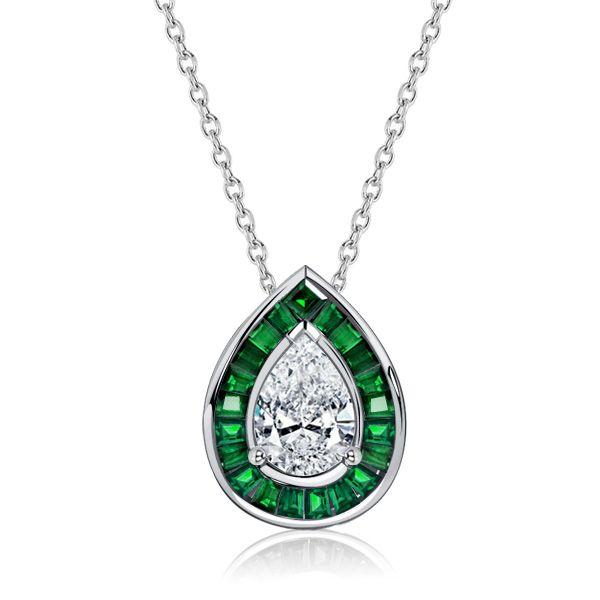 Pear Cut Emerald Sapphire Halo Pendant Necklace - Sterling Silver