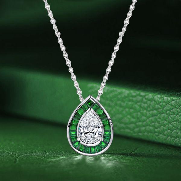 Pear Cut Emerald Sapphire Halo Pendant Necklace - Sterling Silver