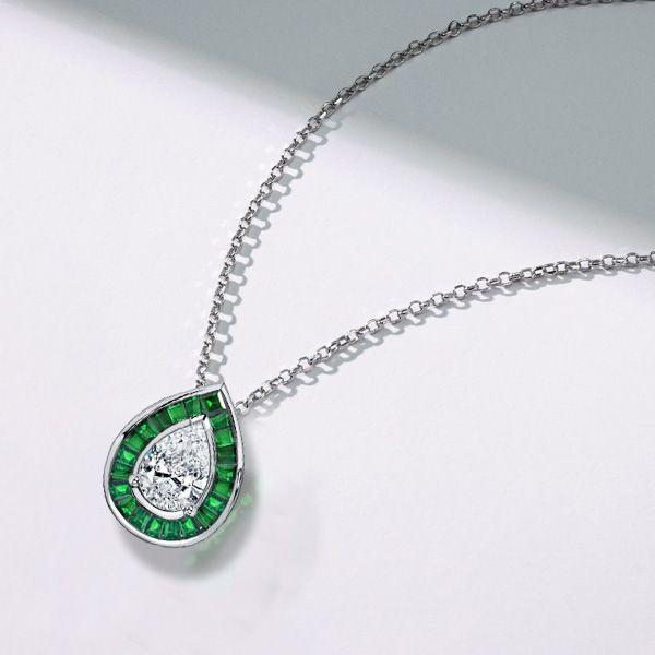 Pear Cut Emerald Sapphire Halo Pendant Necklace - Sterling Silver