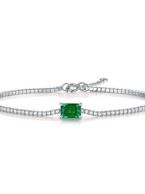 Emerald & Round Cut Tennis Bracelet in Rhodium-Plated 925 Sterling Silver