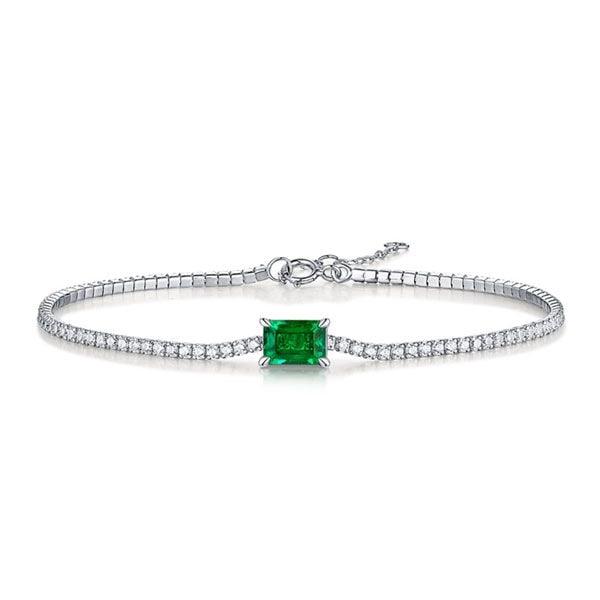 Emerald & Round Cut Tennis Bracelet in Rhodium-Plated 925 Sterling Silver