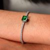 Emerald & Round Cut Tennis Bracelet in Rhodium-Plated 925 Sterling Silver