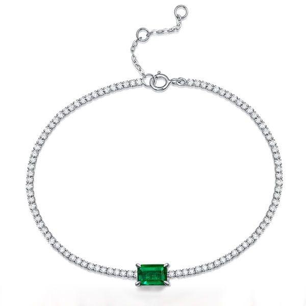 Emerald & Round Cut Tennis Bracelet in Rhodium-Plated 925 Sterling Silver