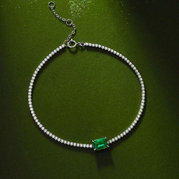 Emerald & Round Cut Tennis Bracelet in Rhodium-Plated 925 Sterling Silver
