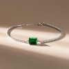 Emerald & Round Cut Tennis Bracelet in Rhodium-Plated 925 Sterling Silver
