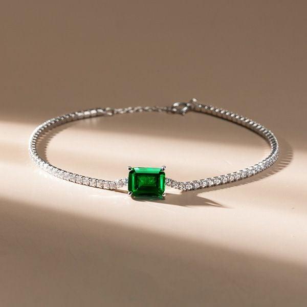 Emerald & Round Cut Tennis Bracelet in Rhodium-Plated 925 Sterling Silver