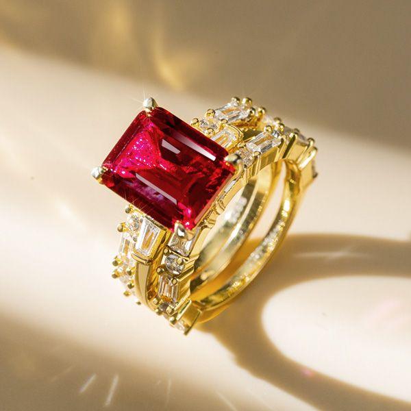 Emerald Ruby 3 Stone Sterling Silver Engagement Ring Set for Women