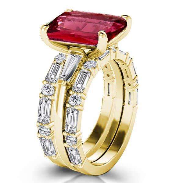 Emerald Ruby 3 Stone Sterling Silver Engagement Ring Set for Women