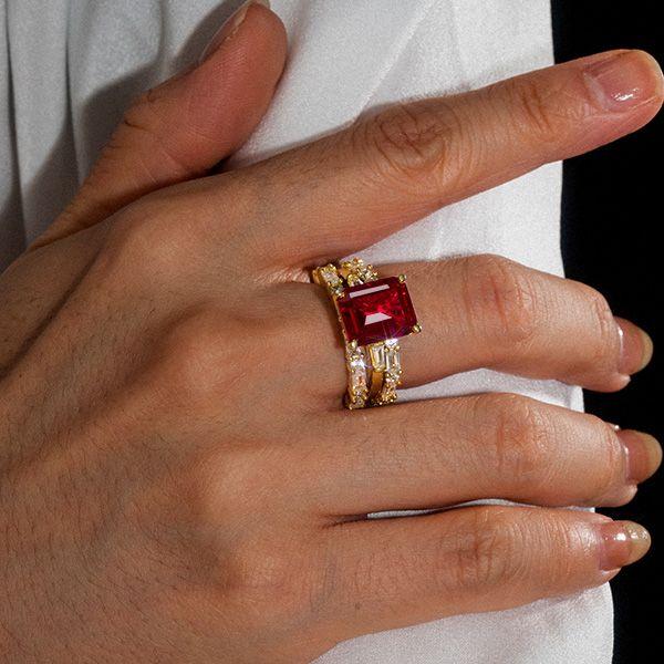 Emerald Ruby 3 Stone Sterling Silver Engagement Ring Set for Women