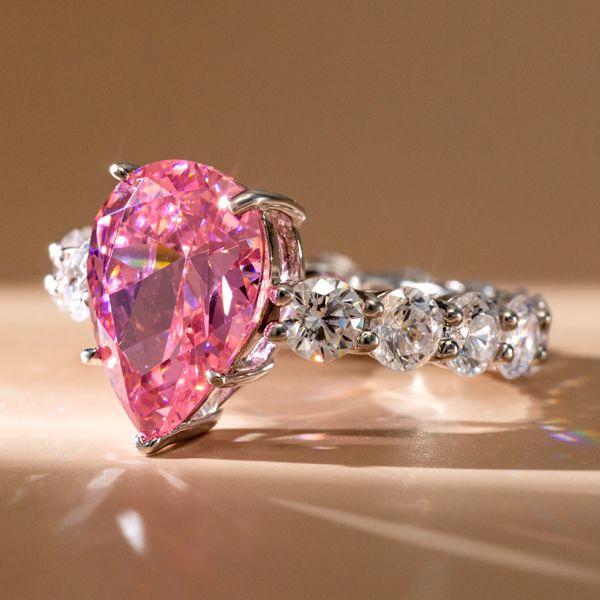 Sterling Silver Pear Cut Pink Stone Engagement Ring with Rhodium Finish