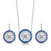 Halo White Sapphire & Blue Sapphire Sterling Silver Necklace & Earrings Set