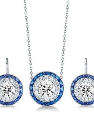 Halo White Sapphire & Blue Sapphire Sterling Silver Necklace & Earrings Set