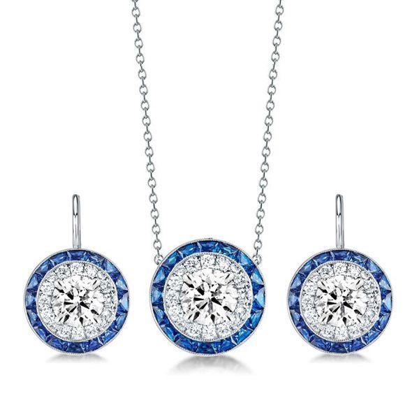Halo White Sapphire & Blue Sapphire Sterling Silver Necklace & Earrings Set