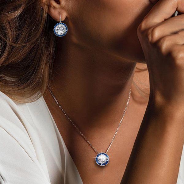 Halo White Sapphire & Blue Sapphire Sterling Silver Necklace & Earrings Set