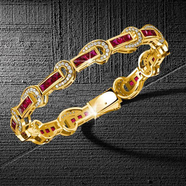 Art Deco Princess Cut Ruby Bracelet - 18K Gold Plated Sterling Silver Wedding Jewelry