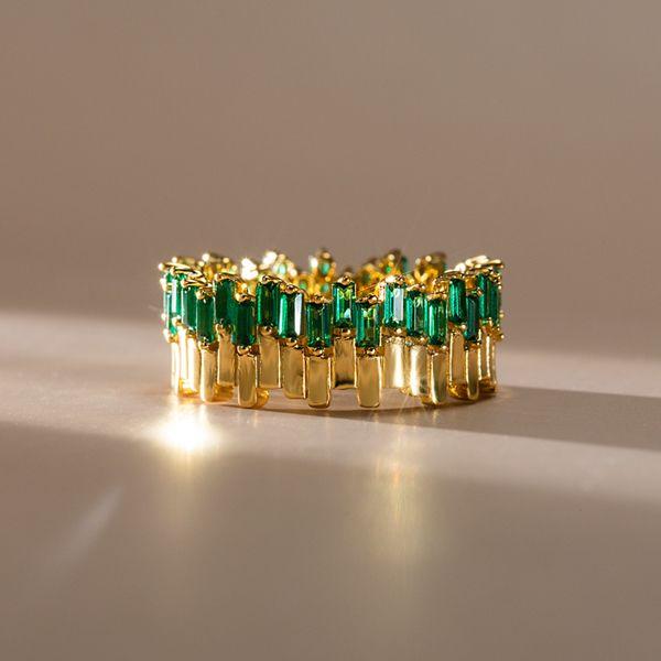 Baguette Emerald Green Eternity Band - 18K Gold Plated Sterling Silver Wedding Ring