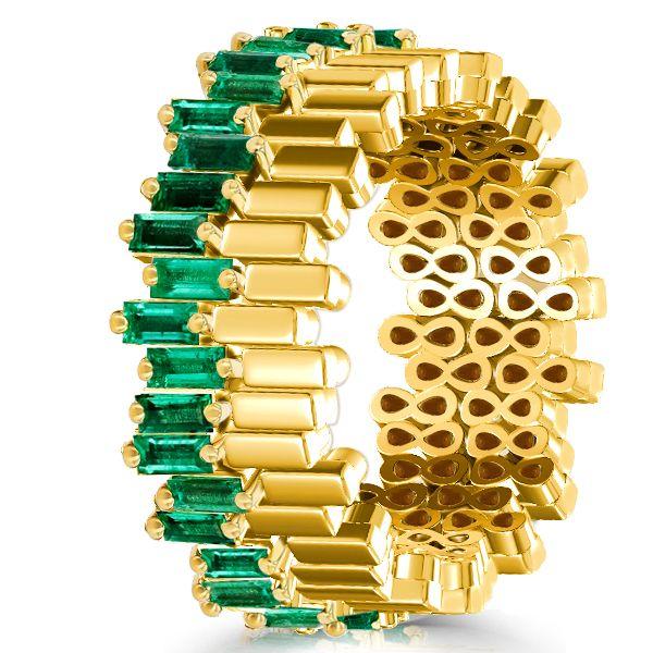 Baguette Emerald Green Eternity Band - 18K Gold Plated Sterling Silver Wedding Ring