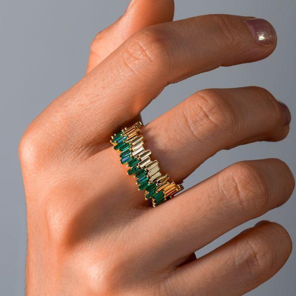Baguette Emerald Green Eternity Band - 18K Gold Plated Sterling Silver Wedding Ring