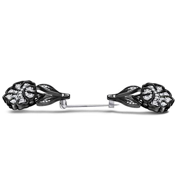 Elegant Flower Design Black Jabot Brooch for Women | Sterling Silver Plated Statement Pin