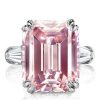 Three Stone Emerald Cut Pink Sapphire Engagement Ring in Rhodium Plated Sterling Silver