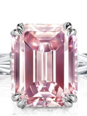 Three Stone Emerald Cut Pink Sapphire Engagement Ring in Rhodium Plated Sterling Silver