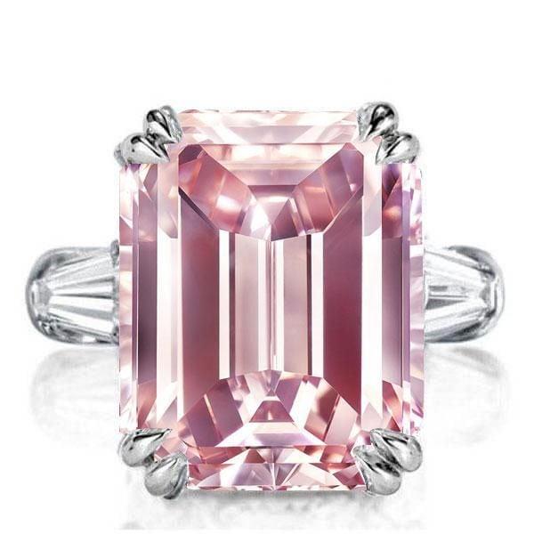 Three Stone Emerald Cut Pink Sapphire Engagement Ring in Rhodium Plated Sterling Silver