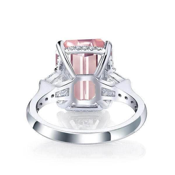 Three Stone Emerald Cut Pink Sapphire Engagement Ring in Rhodium Plated Sterling Silver