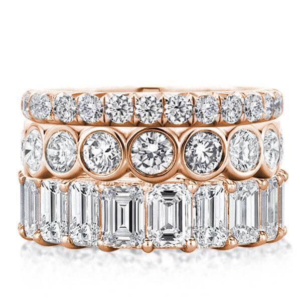 Rose Gold Eternity Band Set - Triple Row White Sapphire Stackable Rings