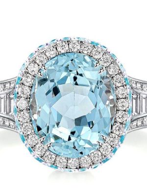 Halo Aquamarine Engagement Ring - Oval Cut Sterling Silver Promise Ring
