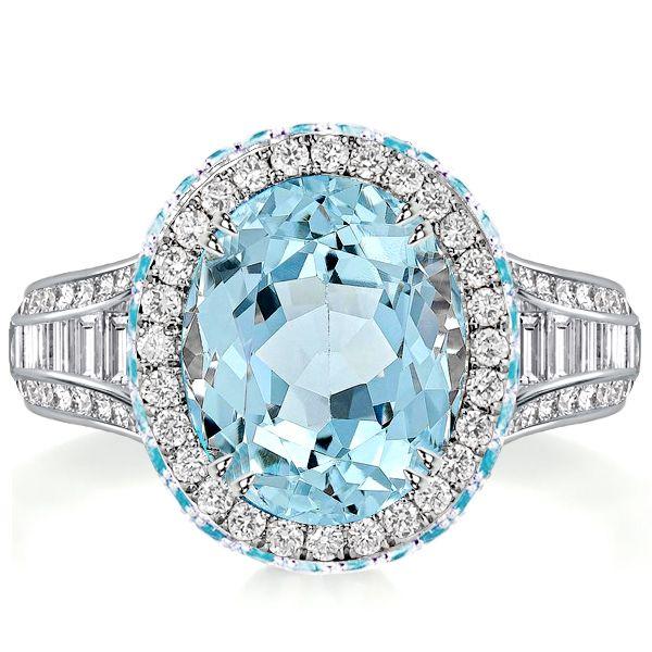 Halo Aquamarine Engagement Ring - Oval Cut Sterling Silver Promise Ring