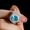 Halo Aquamarine Engagement Ring - Oval Cut Sterling Silver Promise Ring
