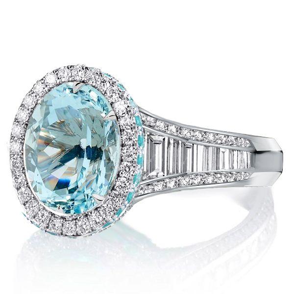 Halo Aquamarine Engagement Ring - Oval Cut Sterling Silver Promise Ring