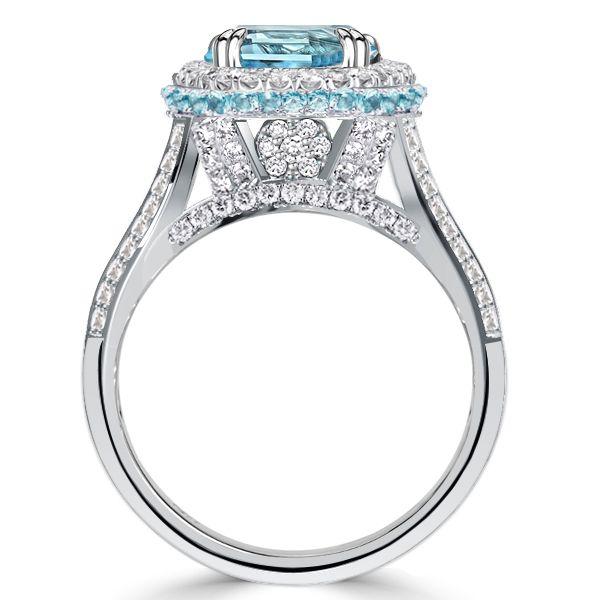 Halo Aquamarine Engagement Ring - Oval Cut Sterling Silver Promise Ring
