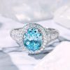 Halo Aquamarine Engagement Ring - Oval Cut Sterling Silver Promise Ring