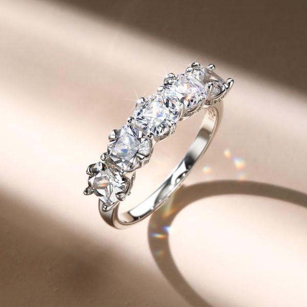 Cushion Cut Five Stone Wedding Band in 925 Sterling Silver with Rhodium Plating