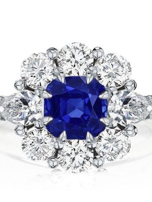 Cushion Cut Flower Engagement Ring in Rhodium Plated Sterling Silver