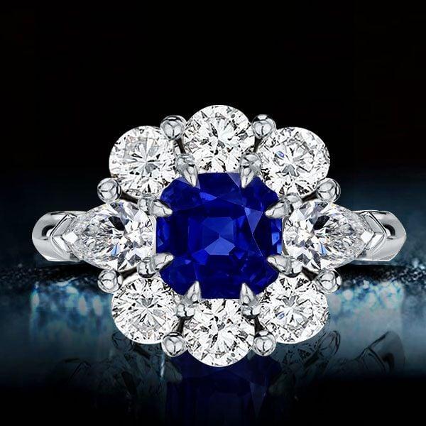 Cushion Cut Flower Engagement Ring in Rhodium Plated Sterling Silver