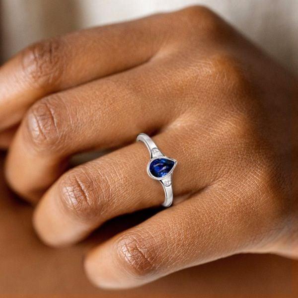 Pear Shaped Blue Sapphire 3 Stone Ring for Women in Sterling Silver