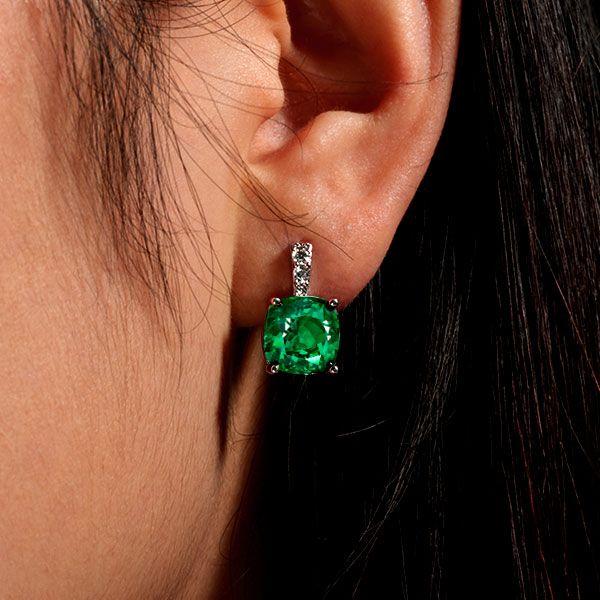 Emerald Green Cushion Cut Drop Earrings - 925 Sterling Silver